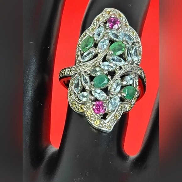 925 Sterling Silver Ring Sz 8 with Natural Emerald, Rhodolite, Sapphire, Topaz - Picture 3 of 9